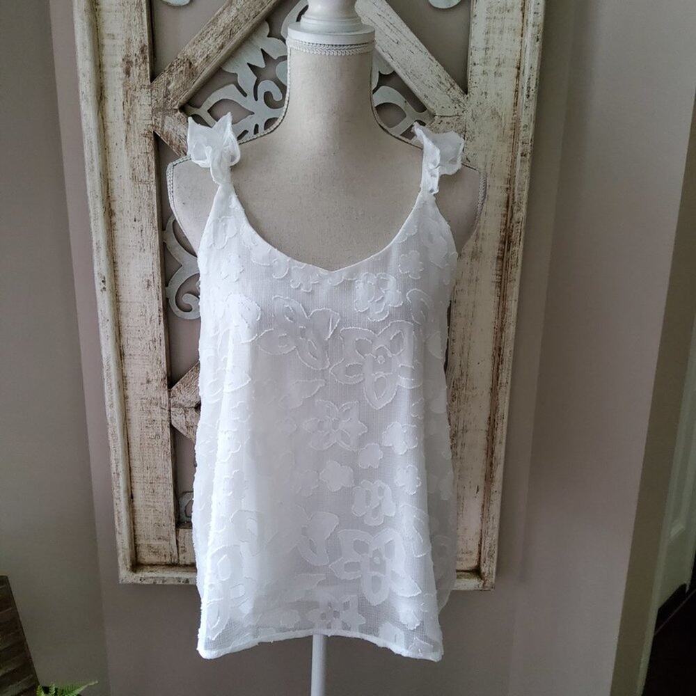 Zac & Rachel White Jacquard Floral Sleeveless Tank Ruffle Strap Romantic Boho - Picture 2 of 7